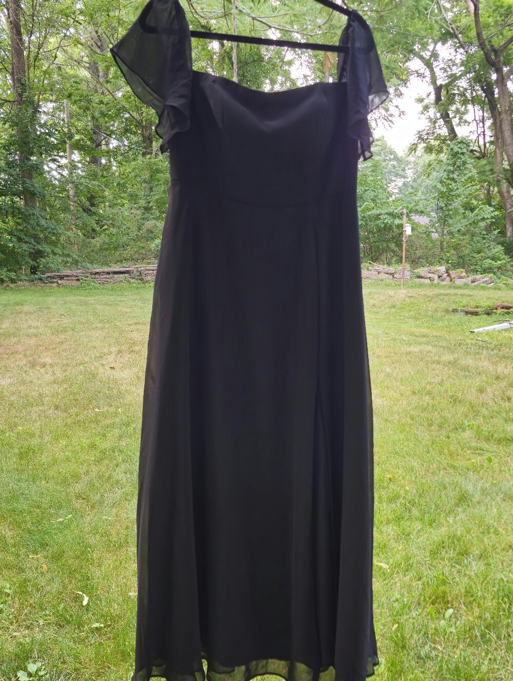 Azazie Black Chiffon Dress Approx Size 8 Bridesmaid Formal Prom Flutter Sleeve